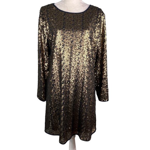 NY Collection Sequined Sheath LS Dress Large Gold Navy New - Picture 1 of 12
